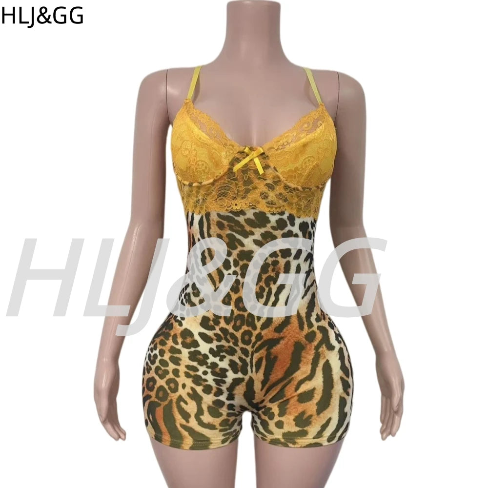 HLJ&GG Vintage Flowers Print Mesh Spaghetti Strap Bodycon One Piece Rompers Women V Neck Sleeveless Jumpsuits Fashion Overalls