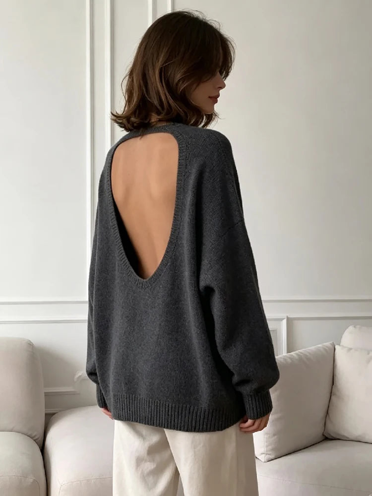 Casual Knitted Sweater Round Neck Open Back Long Sleeves Loose Pullover 2026 Autumn Fashion Daily Versatile Cardigan Top Outfit