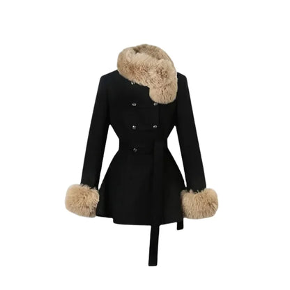Winter French Vintage Elegant Wool Coat Woman Black Chic Shawl Cloak + Retro Loose Trench Overcoat Female Bandage Design Outfits