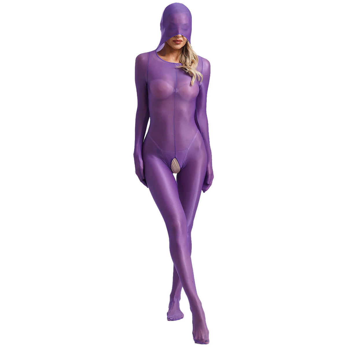 Women Glossy Full Bodystockings Covering Bodysuit with Gloves See Through Hollow Out Pouch Enhancing Bodysuit Footed Jumpsuit