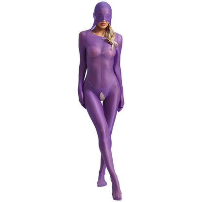 Women Glossy Full Bodystockings Covering Bodysuit with Gloves See Through Hollow Out Pouch Enhancing Bodysuit Footed Jumpsuit