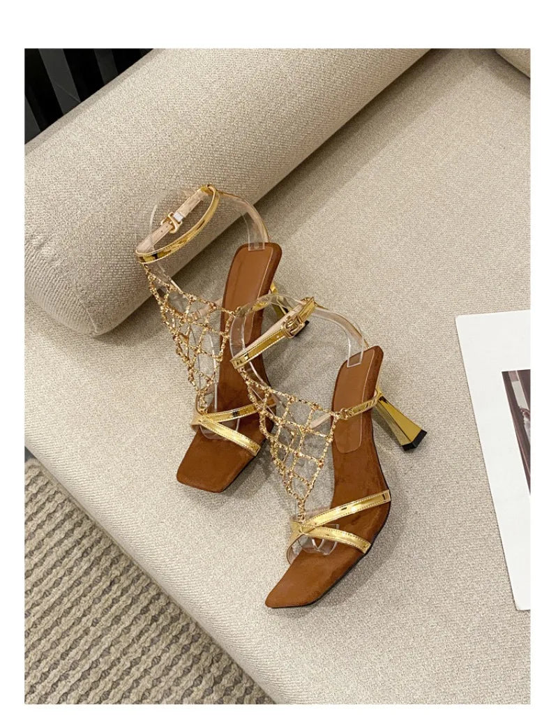 Luxury Gold Bling Rhinestone High Heeled Sandals Women Fashion Square Toe Cross Tied Designer Shoes Elegant Banquet Dress Shoes