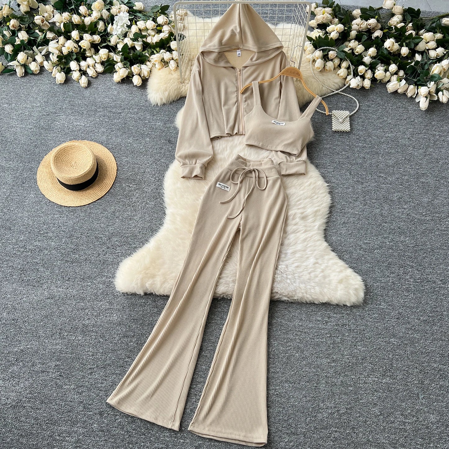 SINGREINY 2026 Autumn Sporty Suits Ladies Full Sleeves Hoodies+Sling Mini Camis+Drawstring Long Pants Casual Three Pieces Sets