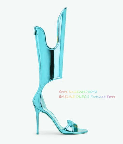 Mirror Gold High Heel Sandals Women Sexy Oepn Toe Cut Out Back Zippers Luxury Elegant Roman Shoes Summer New Ladies Shoes