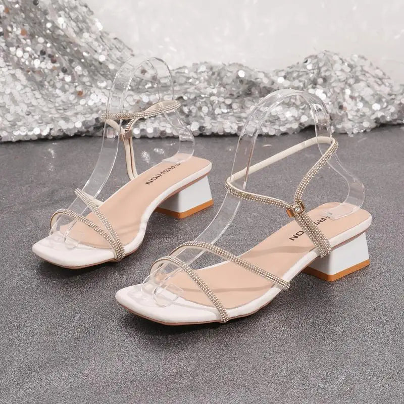 Elegant Square Toe Medium Heel Woman's Sandals Women Summer 2026 Luxury Rhinestore Strap Sandals Plus Size Woman Designer Shoes