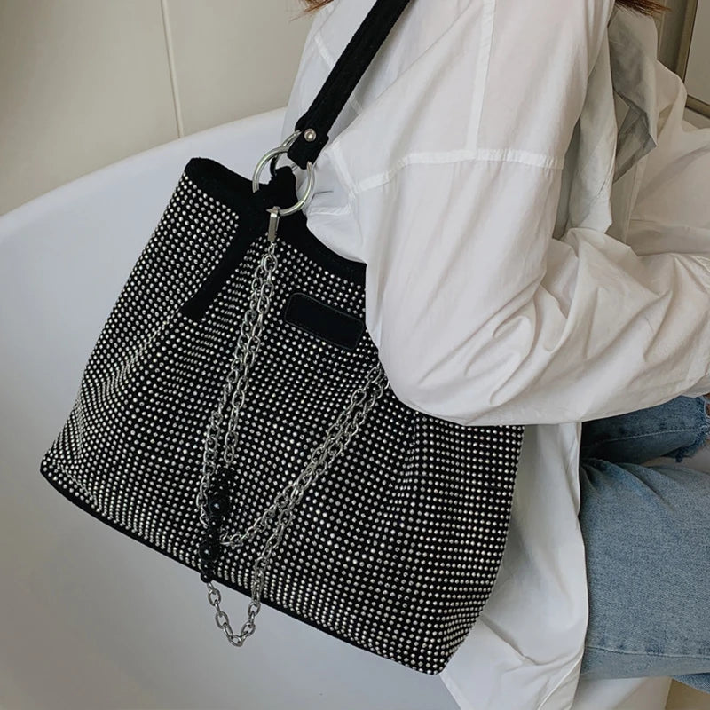 Yogodlns Luxury Rhinestone Bucket Bag For Women Fashion Brands Shouldr Bag Trendy Underarm Bag Shopping Handbag Purse Bolsa