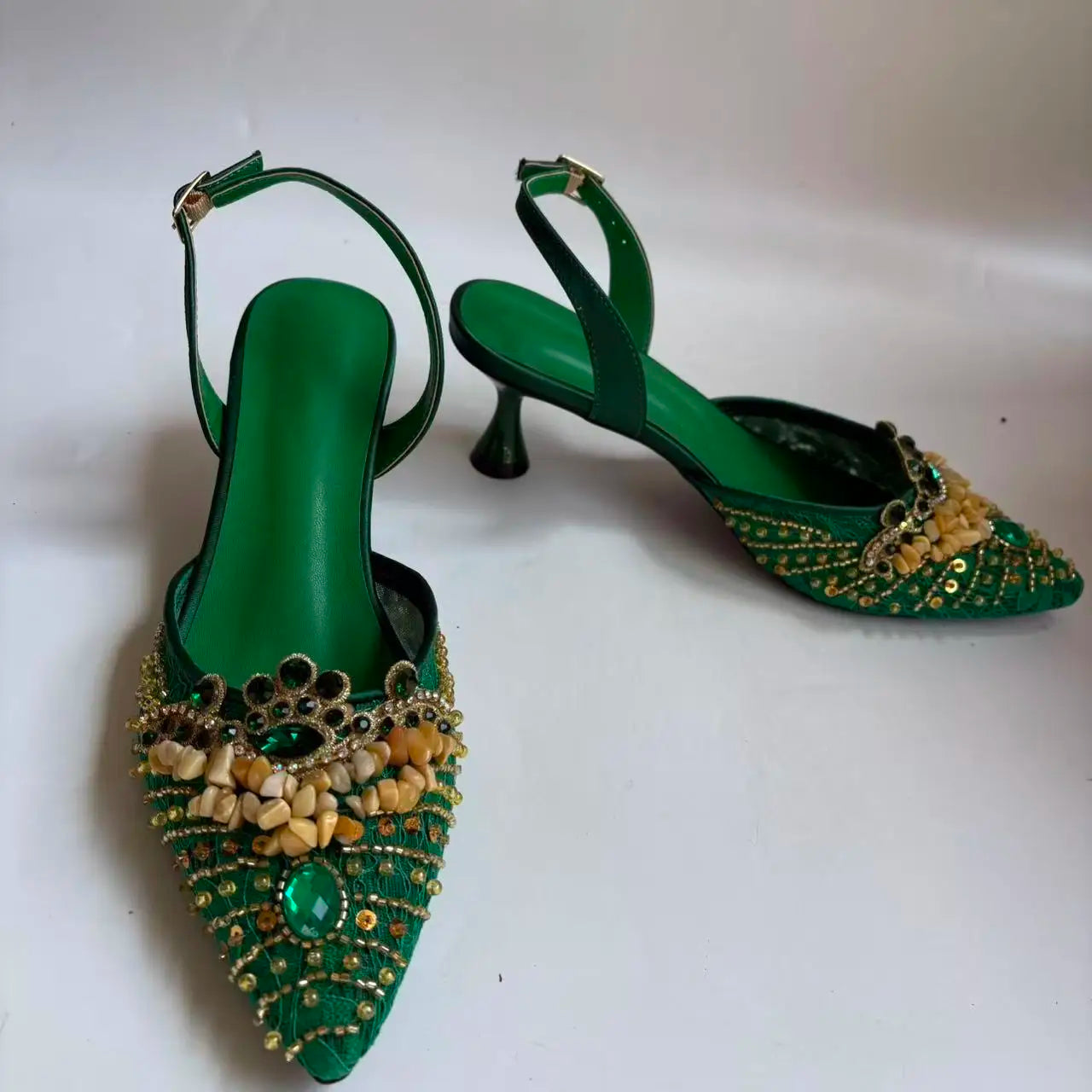 Insightlink Green Crystal High Heel with Bag Set for Bridal Wedding Party Designer Pointed Toe and Clutch Luxury Sandal Handbag