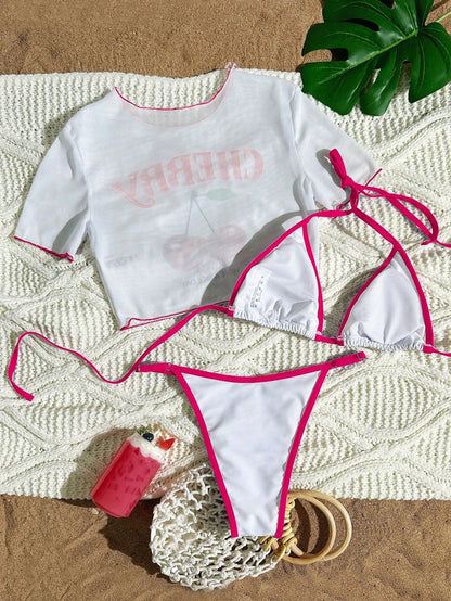 Cute Halter Bikini 3 Pieces Cherry Print 2026 Sexy & Fresh Feeling Bathing Suit Three-Piece Swimsuit Dark Blue Beach Swimwear