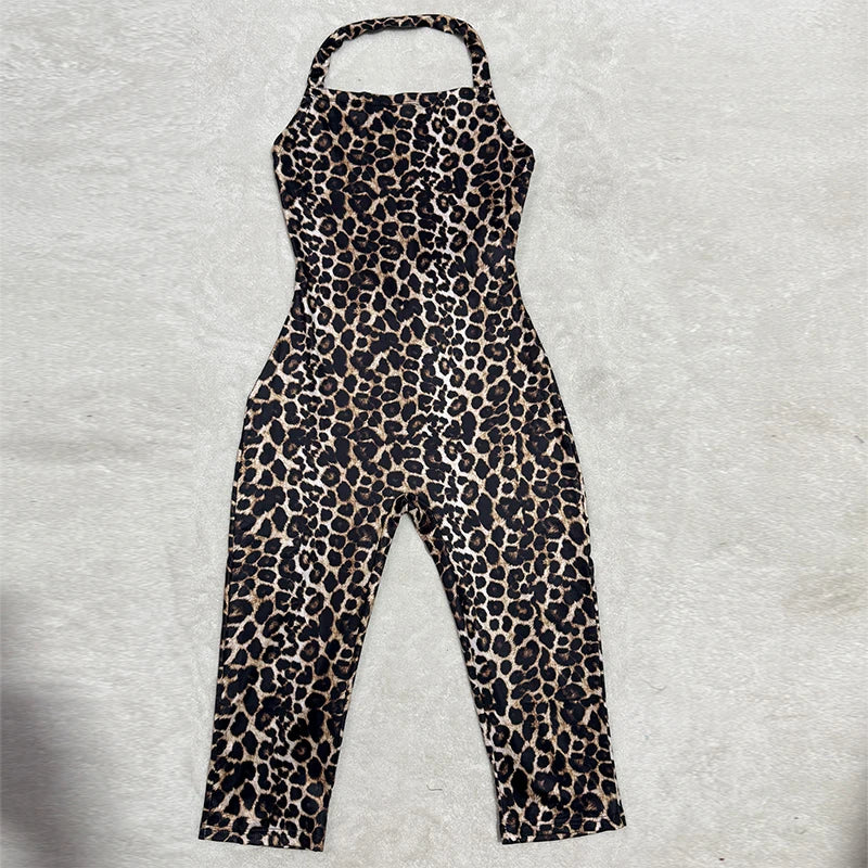 New Fashion Sexy Leopard Print Halter One-piece Jumpsuit Rompers Women Summer Backless Daily Outfit Playsuit Women Sleeveless