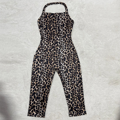 New Fashion Sexy Leopard Print Halter One-piece Jumpsuit Rompers Women Summer Backless Daily Outfit Playsuit Women Sleeveless