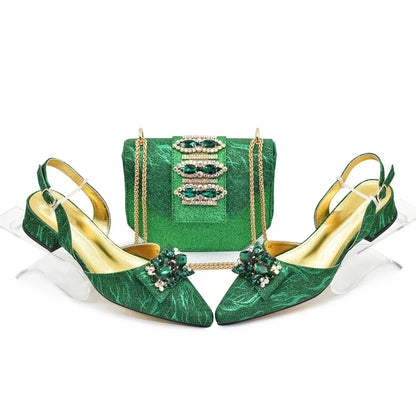 Designer Shoe and Bag Sets From Italy Luxury Rhinestone African Women Shoes and Bags Italy Low Heels Pointed Toe Woman Pumps