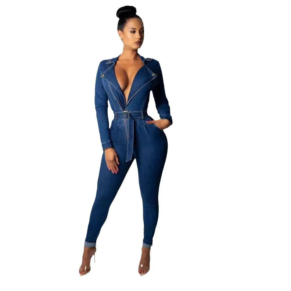 Washed Denim Jumpsuits V Neck Sashes Overalls Jean Solid Pencil Pants Sheath Jeans Pockets Spliced Sexy Slim High Street