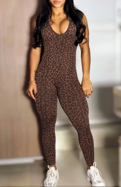 Women Sports Jumpsuits Leopard Deep V Bandage One Piece Yoga Pants Scrunch Workout Fitness Gym Training Athletic Tights Suits