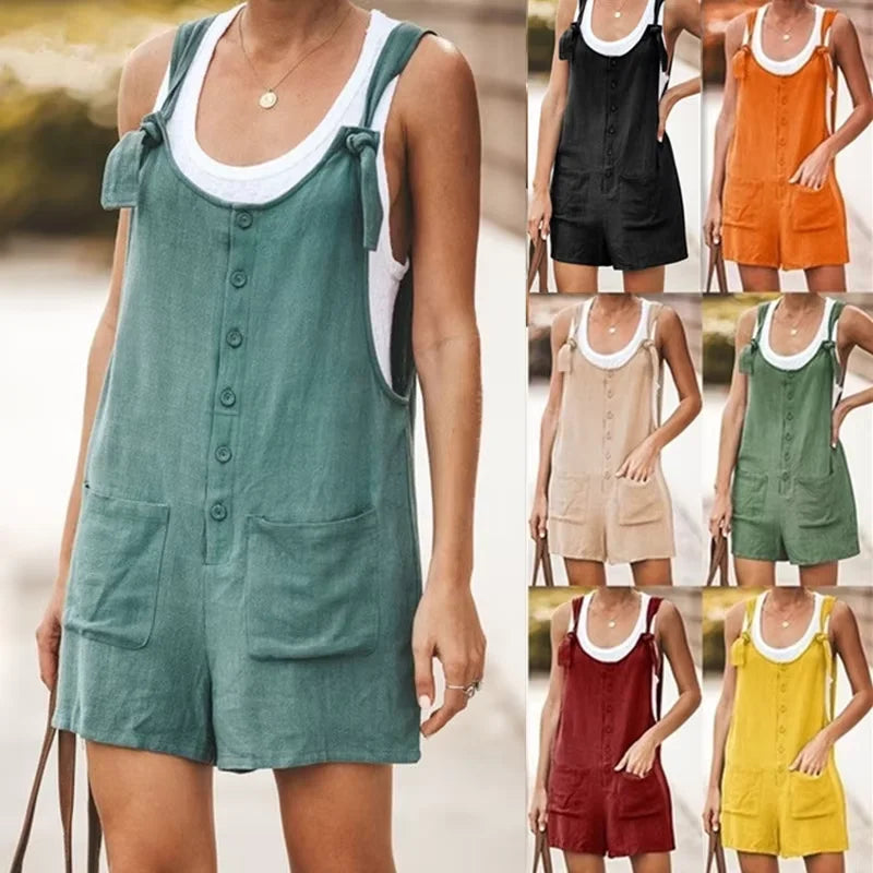Summer Women's Solid Color Patch Pocket Tied Cotton Linen Suspender Pants Casual Classic Style High Waist Wide Leg