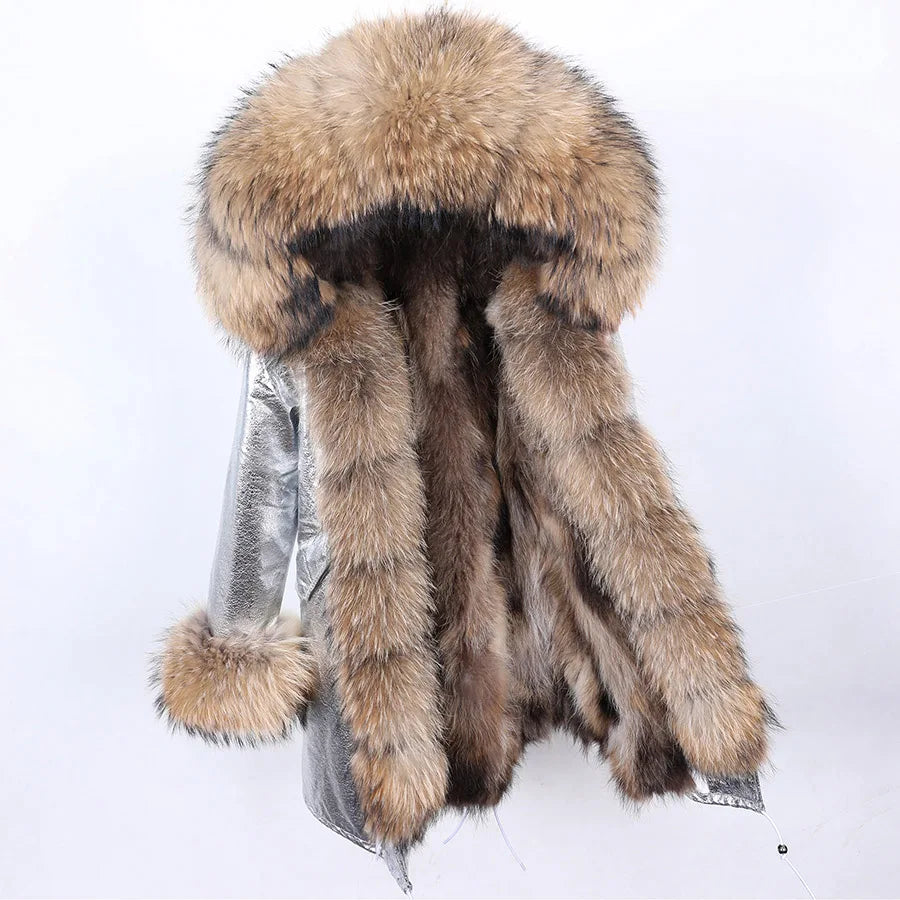 Maomaokong 2026 New Natural Fur Lining Real Fur Coat Winter Jacket Women Raccoon Fur Collar Warm Thick Parkas Female Clothing