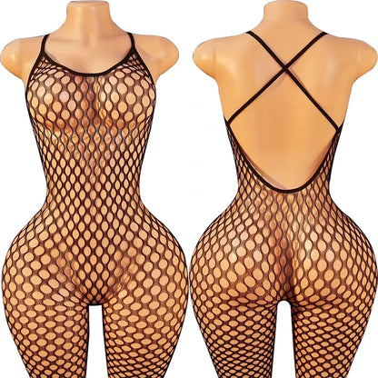 Sexy Backless Crotchless Jumpsuits For Women Fishnet Hollow Romper Erotic Outfits Hanging Neck Bodycon Jumpsuit Mesh Streetwear