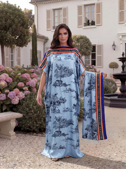 Vintage Landscape Print Satin Abaya Scarf Set, Loose Batwing Maxi Kaftan Modest Dress for Muslim Women Summer Daily Holiday Wear