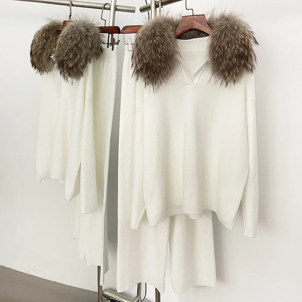 Reality Fur Jacket Pullover Set Woman Spring Knitted Suit Knitwear Female Real Fox Fur Collar Sweater Lady Autumn Knitted New