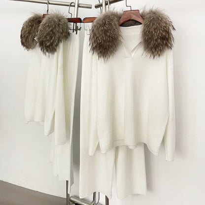Reality Fur Jacket Pullover Set Woman Spring Knitted Suit Knitwear Female Real Fox Fur Collar Sweater Lady Autumn Knitted New