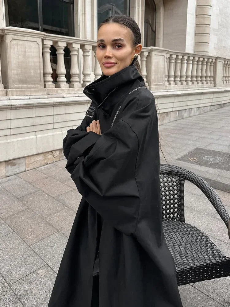 Black Stand Collar Trench Coat Women Casual Long Sleeve Single-breasted Loose Windbreaker 2026 Lady Autumn High Street Outwear