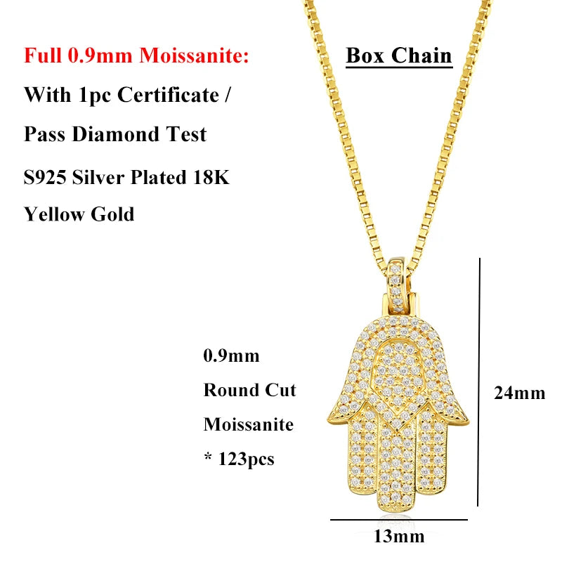 EWYA Hamsa Hand Full 0.9mm Moissanite Pendant Necklace for Woman Men 925 Silver Pass Diamond Test Hip Hop Fine Neck Jewelry Gift