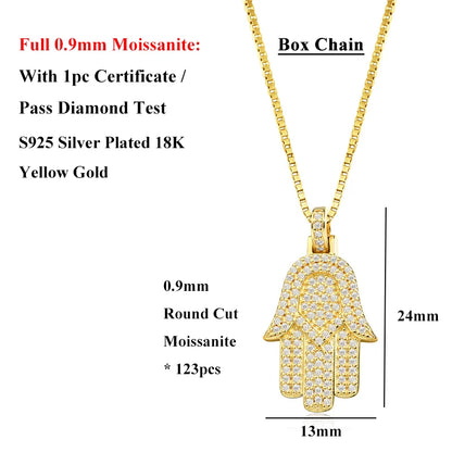 EWYA Hamsa Hand Full 0.9mm Moissanite Pendant Necklace for Woman Men 925 Silver Pass Diamond Test Hip Hop Fine Neck Jewelry Gift