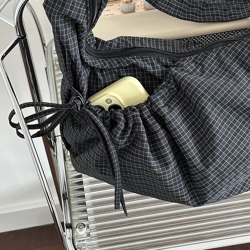 Retro Plaid Hobos Messenger Bags for Women Drawstring Pocket Nylon Dumpling Bag Large Capacity Portable Travel Shoulder Bags