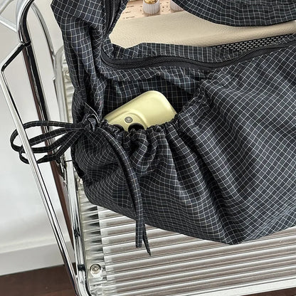 Retro Plaid Hobos Messenger Bags for Women Drawstring Pocket Nylon Dumpling Bag Large Capacity Portable Travel Shoulder Bags