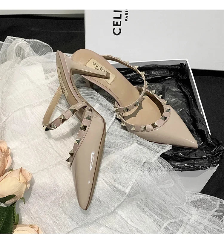 Heeled Sandals Summer Luxury Brand Rivets Women Slippers Fashion Leather Slingbacks Heels Slippers Designer Party Prom Shoes