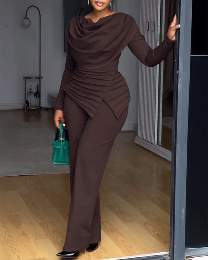 Swing Collar Ruched Jumpsuit Long Sleeve Solid Elegant Office Ladies Asymmetric Hem Autumn Casual Vintage Ruched Slim Rompers