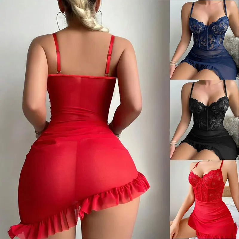 Erotic Set Transparent Underwire BraSexy Fairy Lingerie Women's See Through Lace Nightdress Pajamas Sets Delicate Sexy Nighty