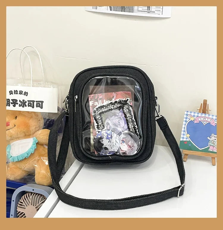 New Denim Ulzzang Ita Bags Female Transparent Badge Doll Show Crossbody Shoulder Bag Individuality Designer 2 Sides Bolso Mujer