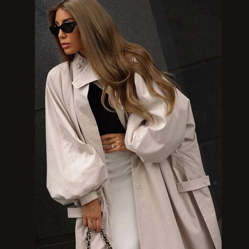 Solid Commute Women's Trench Coat Ovesized Puff Sleeve Single Breasted Long Jacket Lapel Side Slit 2026 New Autumn Lady Outwear