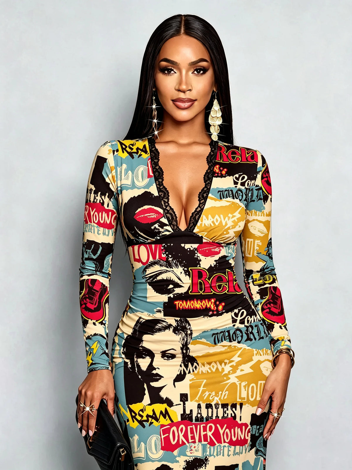Women's Autumn Casual V-neck Long Sleeve Dress Sexy Lace Border Letter Print Waist Cinched Mid-Length Skirt Dress