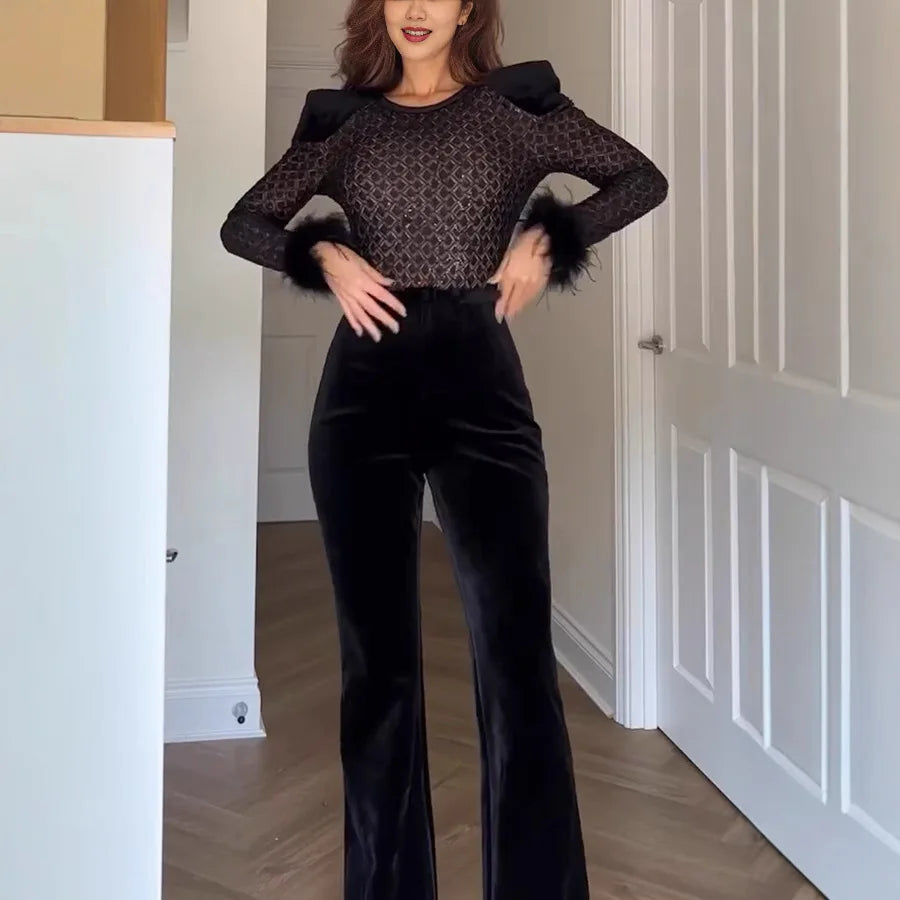 New Women's Fashion Long Sleeve Round Neck Gold Velvet Patchwork Sexy Jumpsuit Ladies Solid Color Slim Fit Jumpsuit For Women