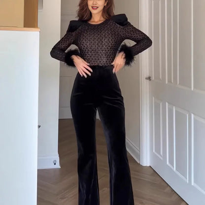 New Women's Fashion Long Sleeve Round Neck Gold Velvet Patchwork Sexy Jumpsuit Ladies Solid Color Slim Fit Jumpsuit For Women