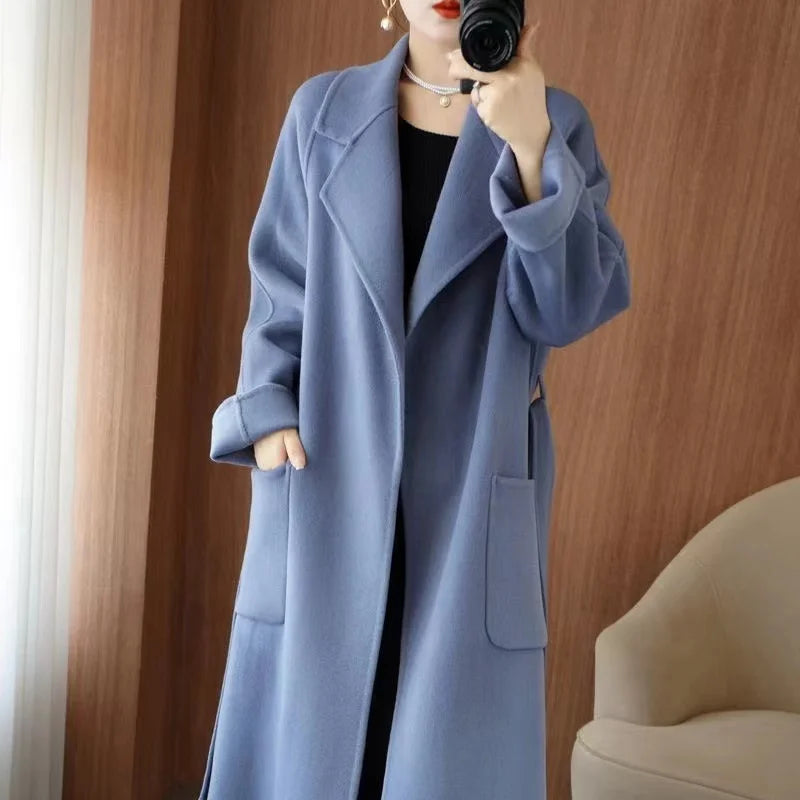 2024 Women's Wear 100% Wool Coat Autumn/Winter Fashion Temperament Double sided Cashmere Coats with Belt Elegant Long Overcoat