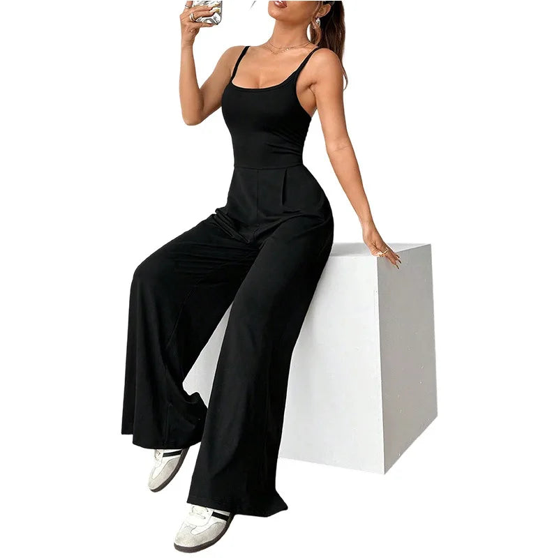 Casual Jumpsuit Jumpsuits For Woman Sling Women's Clothing Solid Color Backless Sleeveless Loose Wide Legs Trouser Simple Style