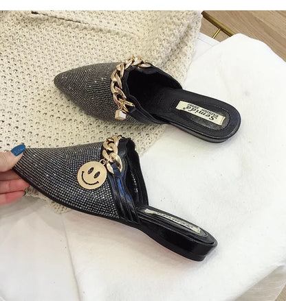 2025 New Summer Shoes for Women Luxury Slipper Girl Bling Crystal Chain Casual Flat Sandals Girl Pointed Toe Slides