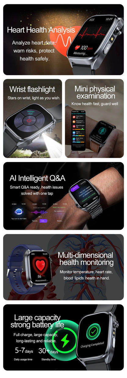 2026 New Non-Invasive Laser Treatment Three High Smart Watch Man ECG Heart Test Blood Fat Uric Acid Smart Watch For Android IOS