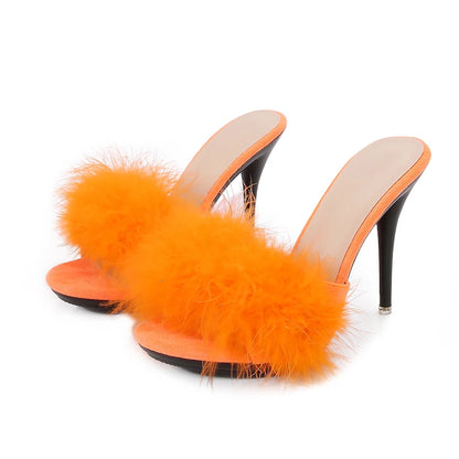 10CM Thin High Heel Summer Furry Slippers For Ladies Mules Fashion Fluffy Fur Slides Sandals 2025 New Brand Women's Party Shoes