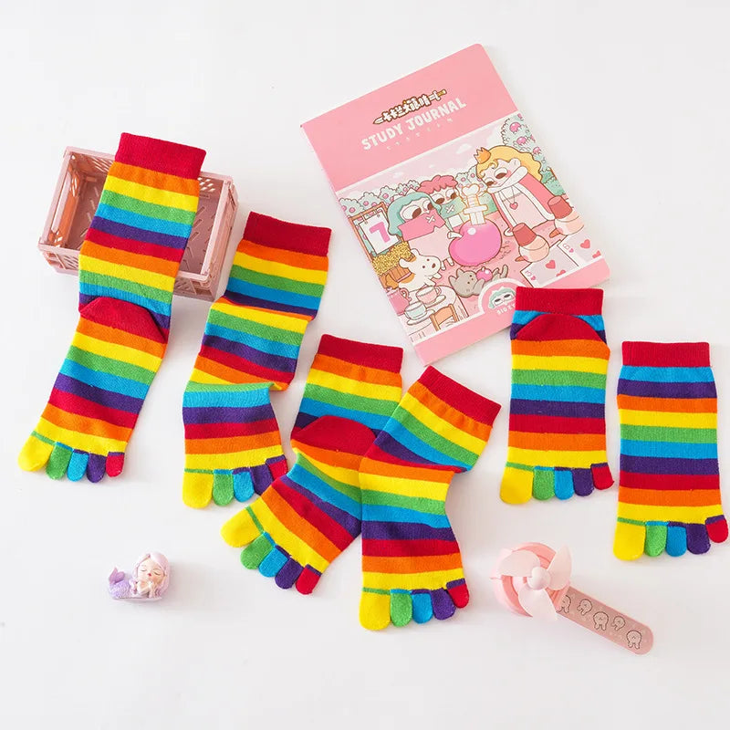 Split Toe Rainbow Socks Woman Lady Girls Colorful Striped 5 Finger Socks Cotton Bright Color Young Fashion Happy Socks with Toes