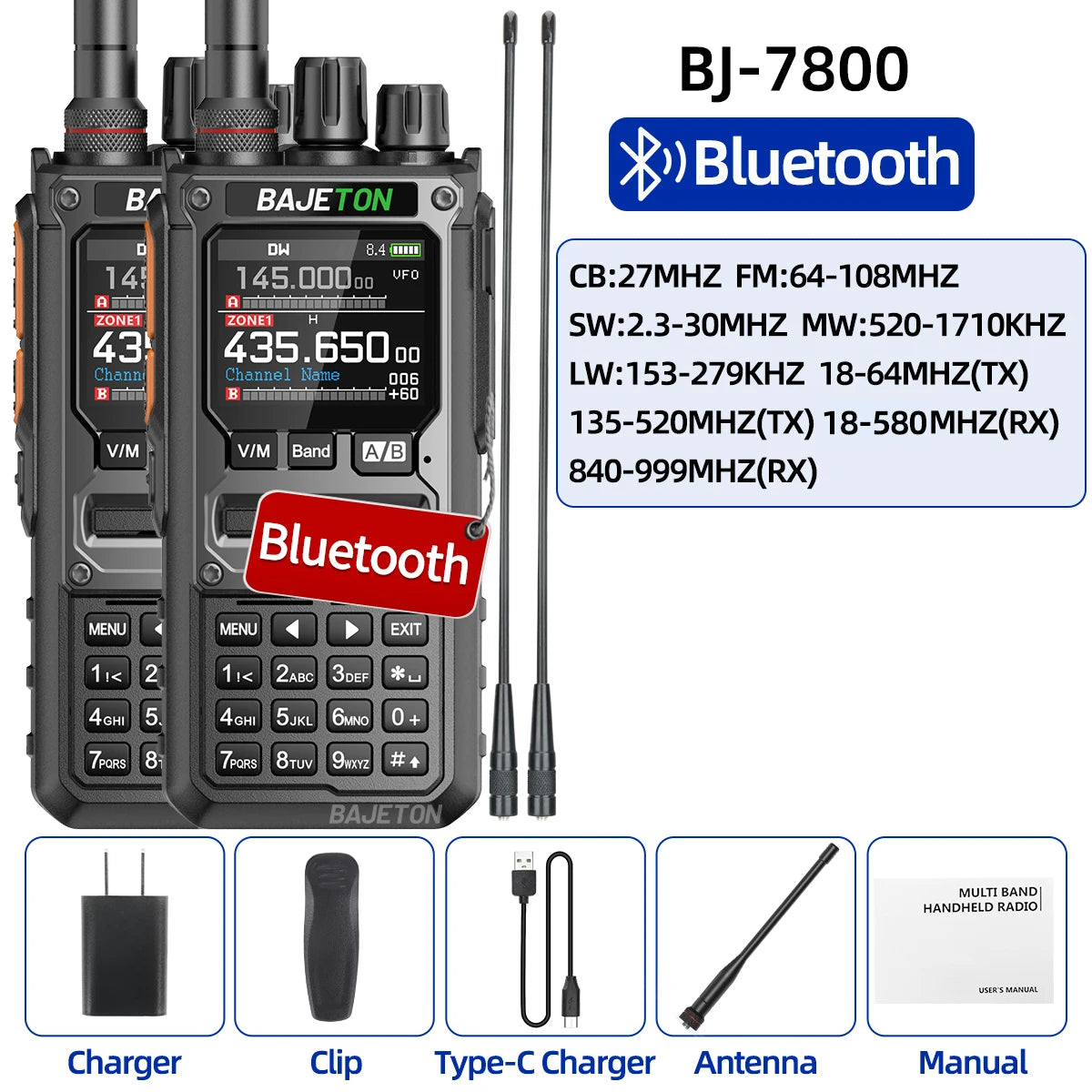 2PCS BAJETON BJ-7800 Walkie Talkie NOAA Long Range SW MW LW AM SSB CB Receive Wireless Bluetooth Phone Programming Two Way Radio