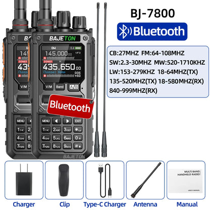 2PCS BAJETON BJ-7800 Walkie Talkie NOAA Long Range SW MW LW AM SSB CB Receive Wireless Bluetooth Phone Programming Two Way Radio