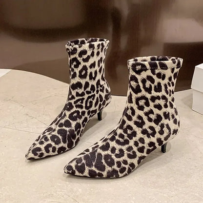 Brand Design Leopard Elastic Boots Women 2025 Winter Sexy Pointed Toe High Heel Party Boots Womens Dress Pumps Fashion Booties