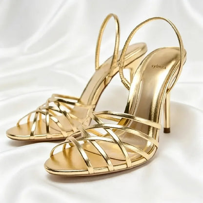 Fashion Gold Cross Tied High Heel Sandals Luxury Pointed Toe Hollow Thin Heel Designer Shoes Elegant Party Slingback Dress Shoes
