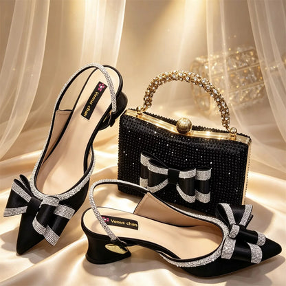 Elegant Gold Satin Rhinestone Bow Slingback Heel & Clutch Bag Set, Women Bridal Matching Kit For Wedding Party Evening Prom Form