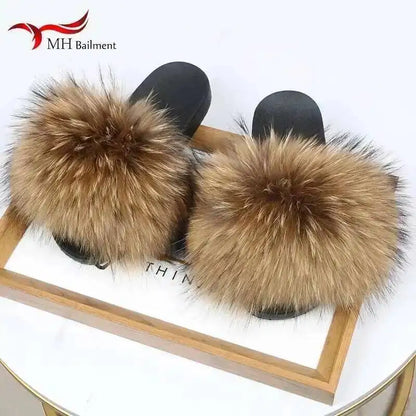 Real Raccoon Fur Slippers For Women 2026 Summer Fluffy Indoor House Fuzzy Flat Slides Outdoor Fashion Beach Sandals Flip Flops