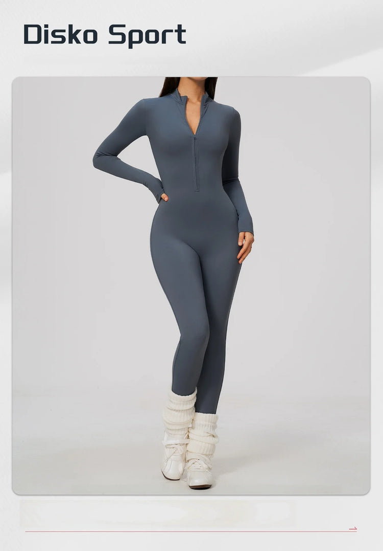 Winter Half Zip Yoga Bodysuit Women Long Sleeved Fitness Jumpsuit Sportswear Gym Clothes One-piece Running Workout Wear Rompers