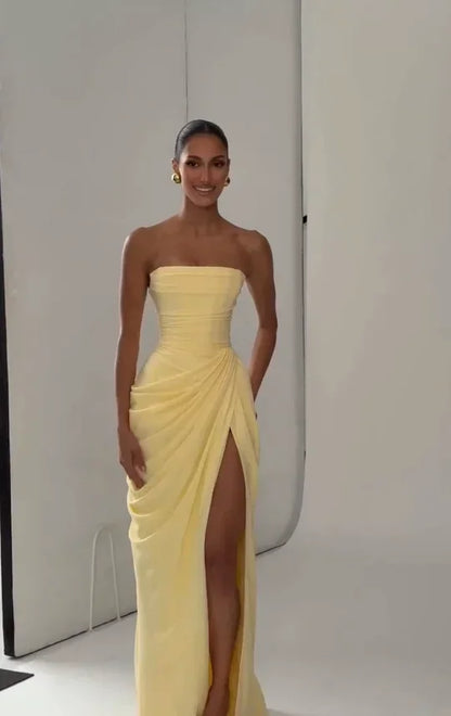 Solid Pleated Strapless Women's Dress Backless Off-shoulder High Waist Split Female Dresses 2026 Sexy Summer Evening Party Gown